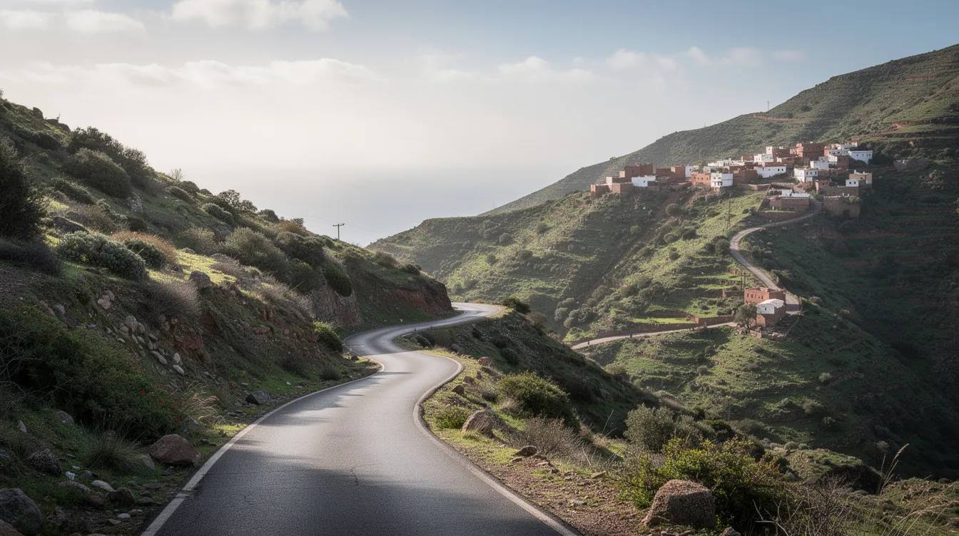Strada di montagna tortuosa tra colline verdi con un piccolo villaggio del Rif in lontananza.