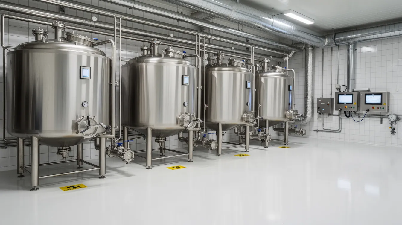 The image depicts a clean dairy processing facility featuring industrial stainless steel tanks and extensive piping, essential for cheese production. This hygienic environment showcases cutting-edge technology used in cheese making, ensuring product consistency and efficiency in curd formation.