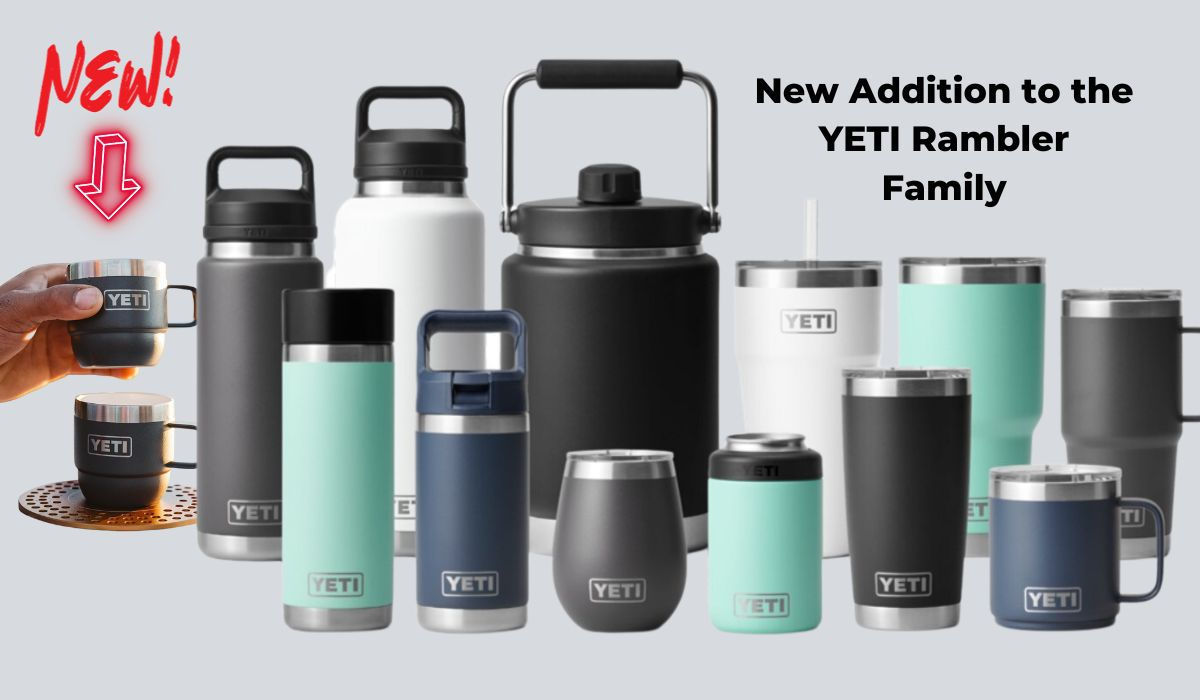 A selection of Yeti Ramblers, bottles, travel mugs, wine glass, cooler, all with Double Wall Vacuum Insulation, MagSlider Lids and now a DuraSip Ceramic Lining in the new 6oz Espresso Coffee Mug