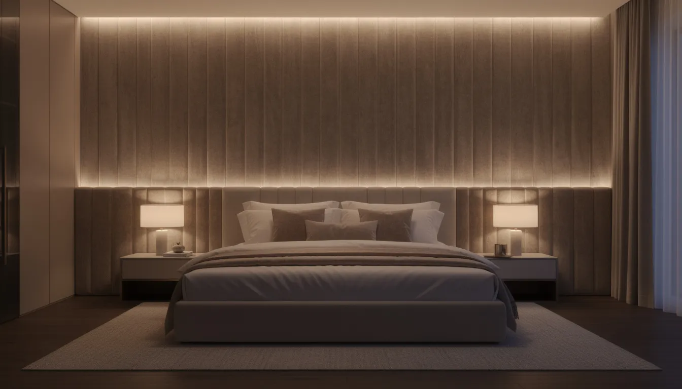 Een luxe slaapkamer met een groot bed dat wordt verlicht door zachte verlichting, achter het bed bevindt zich een stijlvol hoofdbord van velvet wandpanelen. De suède wandbekleding draagt bij aan een verfijnde sfeer en een comfortabele akoestiek, waardoor storende echo's sterk verminderd worden.