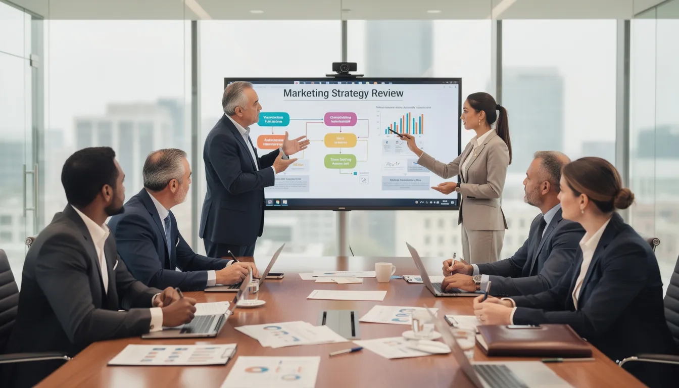 A group of attorneys is engaged in a business meeting, discussing a comprehensive marketing strategy focused on enhancing their law firm's online visibility through search engine optimization (SEO) techniques. They are analyzing keyword research and local SEO tactics to improve search engine rankings and attract more prospective clients to their legal services.