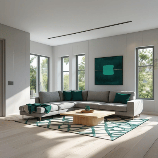 Modern living room with a grey sectional sofa, teal cushions, geometric rug, and a wooden coffee table, featuring large windows and minimalistic décor.