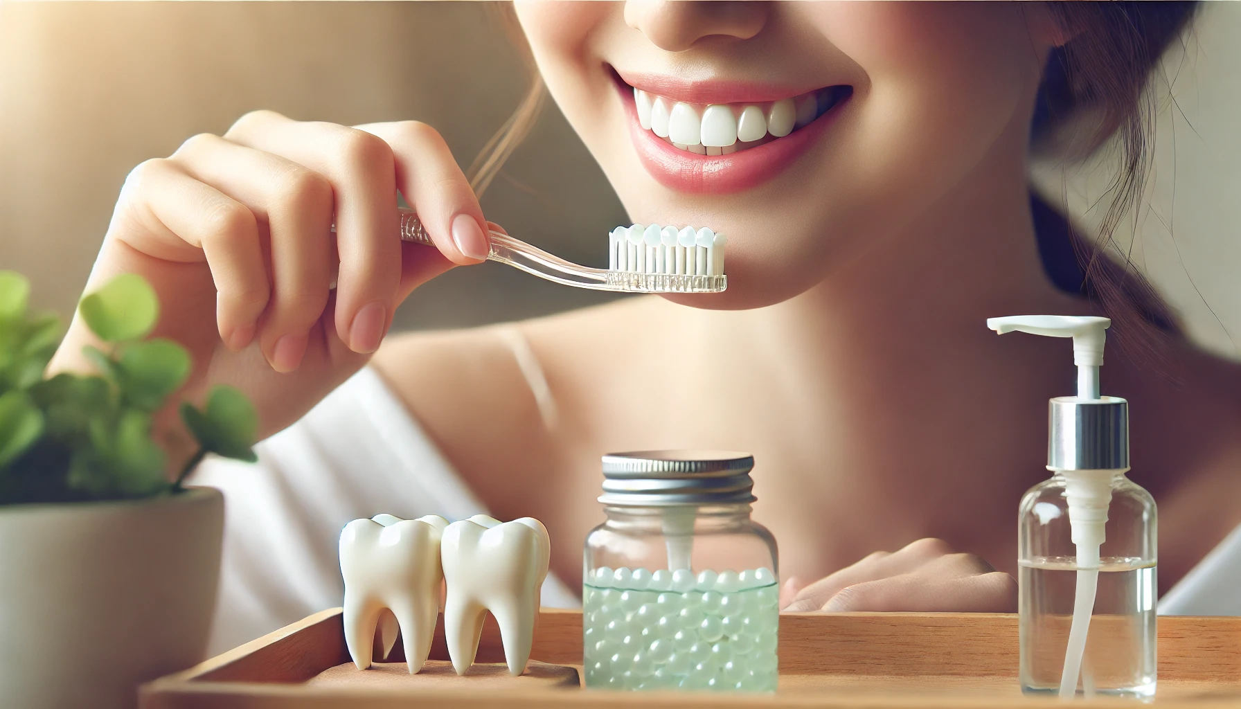 Person pusser tennene forsiktig, symboliserer omsorg for bonded tenner i et rent, rolig miljø som fremmer skånsom tannpleie."