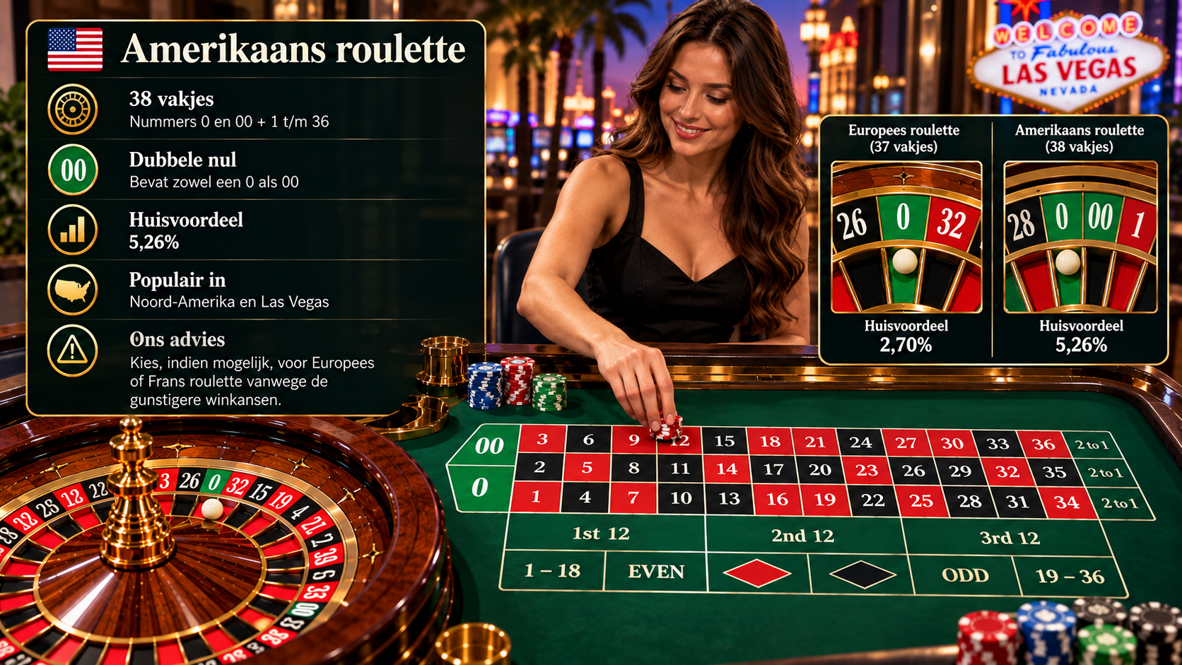 Amerikaans live roulette met 38 vakjes, dubbele nul en huisvoordeel van 5,26%.