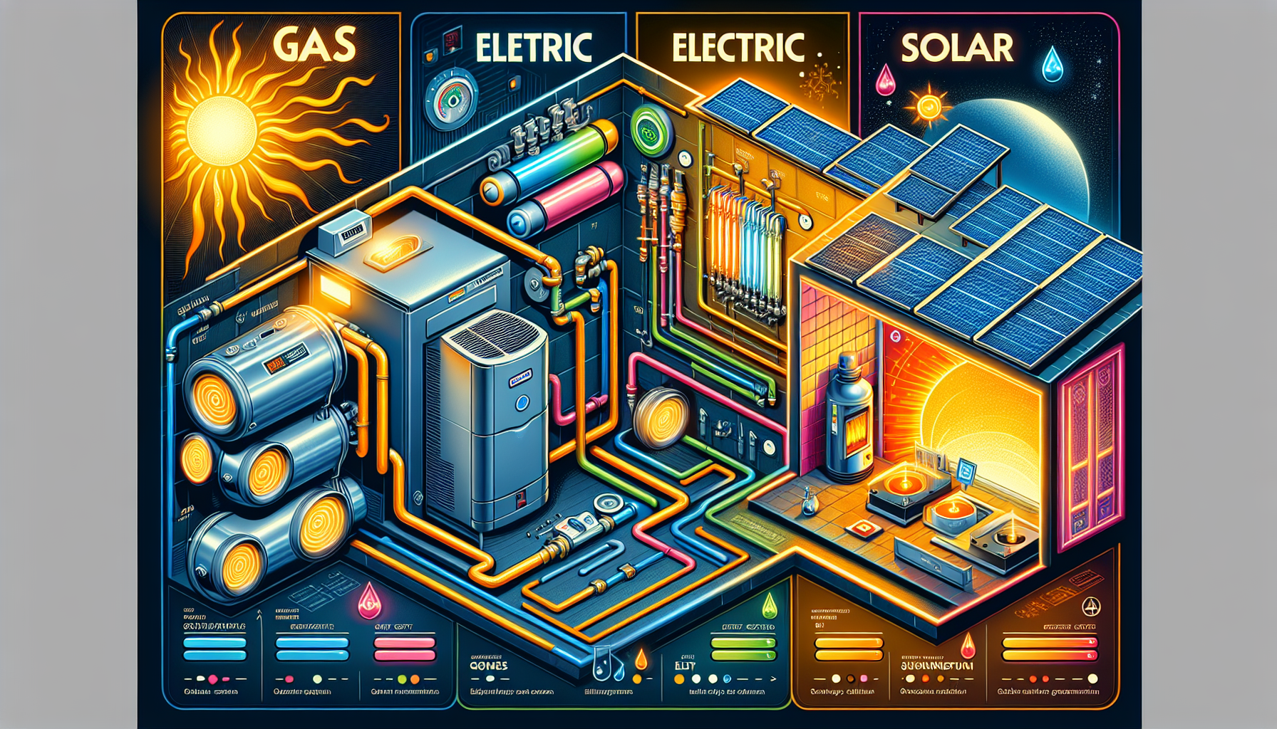 An illustration comparing gas, electric, and solar water heating systems.