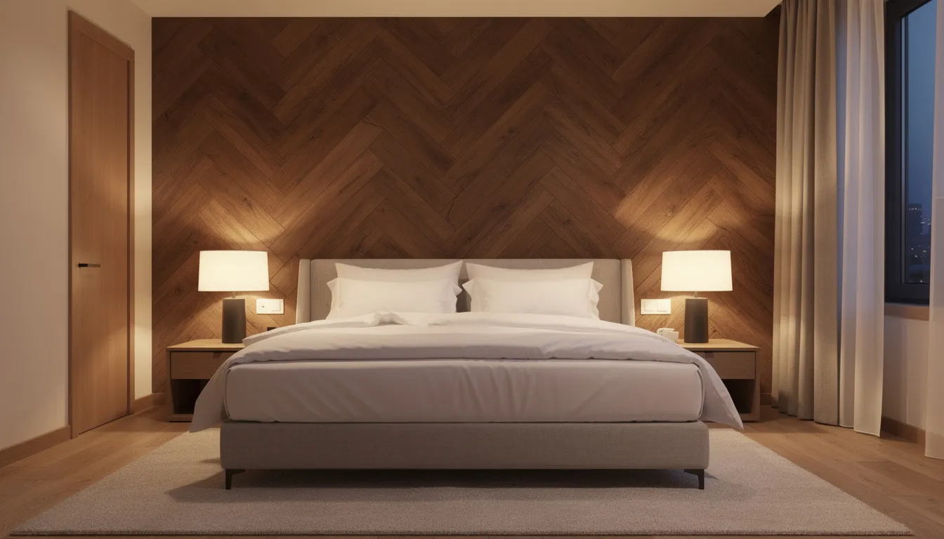 Een sfeervolle slaapkamer met een warme walnootkleurige visgraat wand achter een luxe boxspring, bedekt met witte lakens. De natuurlijke uitstraling van de wandpanelen geeft de ruimte een elegante en gezellige sfeer.