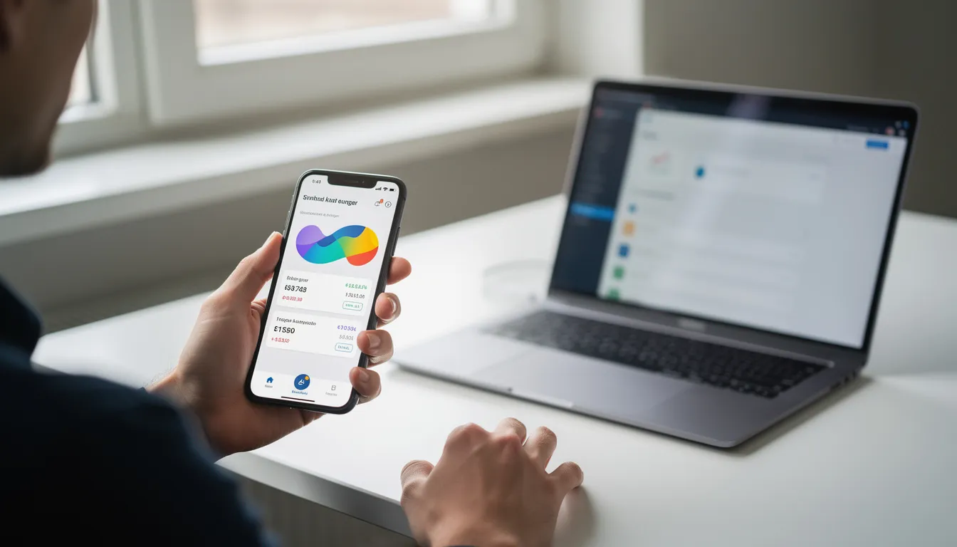 En person håller i en smartphone med en bankapp öppen, medan en bärbar dator står bredvid. Bilden visar hur man enkelt kan hantera sina finanser och spel, som exempelvis via William Hill, direkt från mobilen.