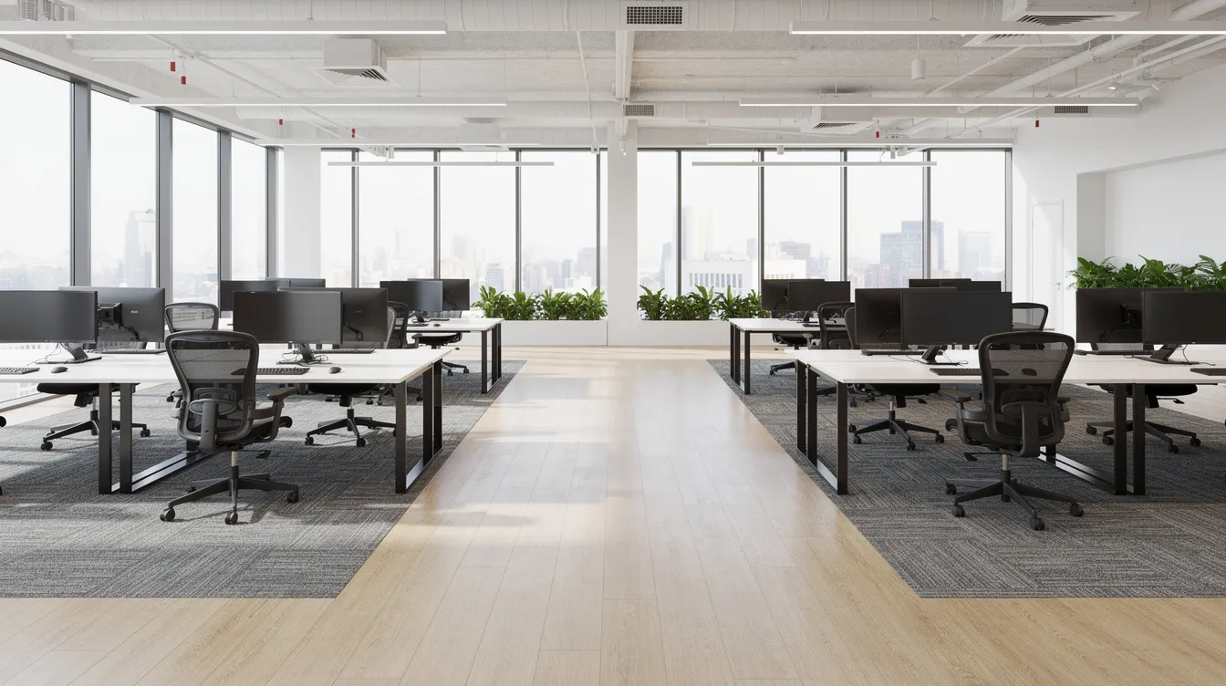 The image depicts a modern open-plan office space featuring a combination of commercial flooring solutions, with carpet tiles at individual workstations and light wood-effect vinyl flooring in the walkways. This layout creates a positive atmosphere suitable for high foot traffic, enhancing both comfort and functionality in a busy office setting.