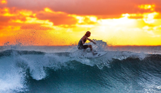 surfing, sunset, waves, long sandy beaches