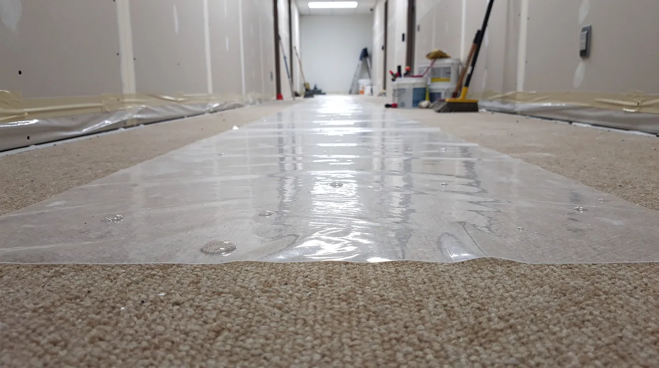 Une personne pose un film de protection transparent sur une moquette dans un couloir de chantier, afin de protéger les surfaces des salissures et des débris durant les travaux de construction. Le film adhésif assure une bonne adhérence et une protection efficace des revêtements textiles.