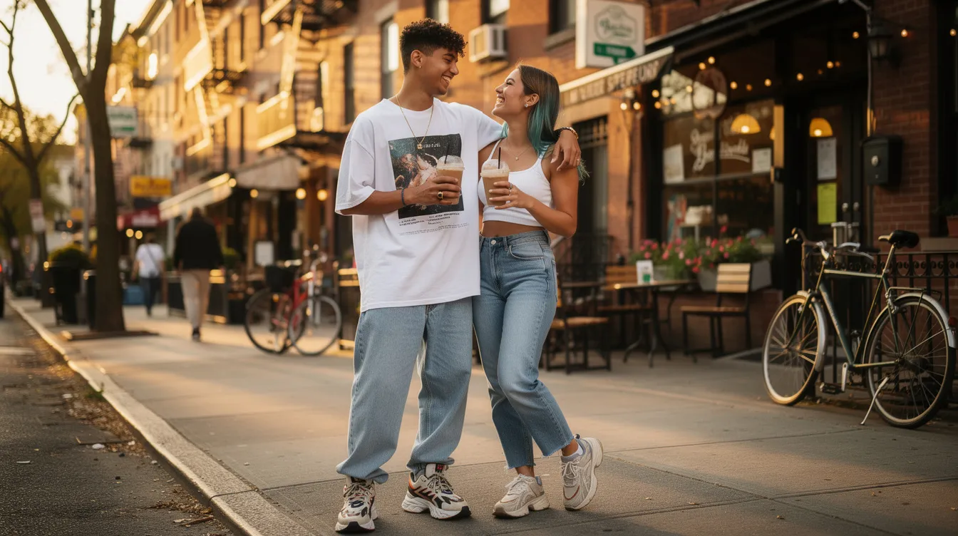 A Gen Z couple is enjoying a casual date at a cozy coffee shop in Brooklyn, NY, engaging in honest conversations and sharing laughs. They represent the modern dating world, where online daters often seek meaningful connections through dating apps and navigate the early stages of their love life.