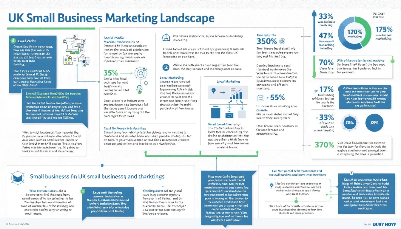 In the image titled "Understanding the UK Small Business Marketing Landscape," various elements depict the essential aspects of small business marketing strategies, including social media marketing, search engine optimisation, and the importance of a well-crafted marketing plan. The visual emphasizes the need for small business owners to engage with their target audience through effective marketing channels and to utilize digital marketing strategies to attract new customers and build brand awareness.