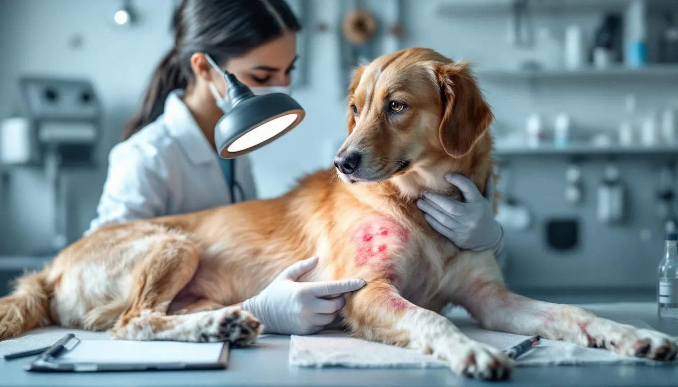 A veterinarian is carefully examining a dog