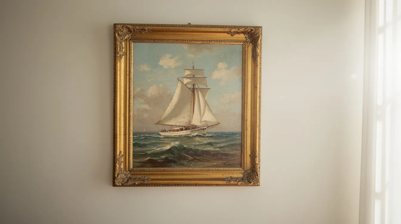 En klassisk tavla med ett segelbåtsmotiv, inramad i en elegant guldram, hänger på en ljus vägg. Tavlan fångar havets lugn och segelbåtens majestätiska skönhet, vilket ger rummet en stilfull atmosfär.