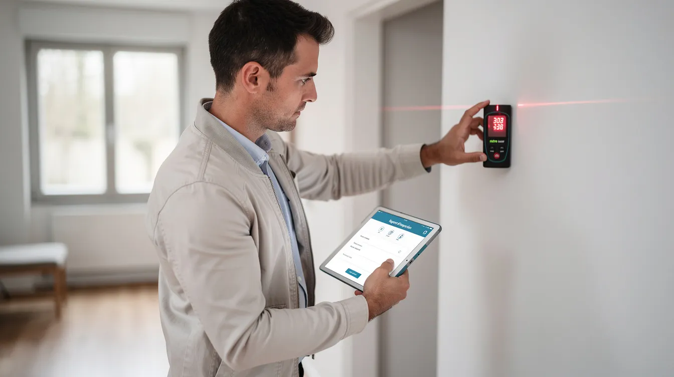 Un certificateur inspecte une maison dans la région de Bruxelles-Capitale, utilisant une tablette et un mètre laser pour évaluer la performance énergétique du bâtiment. Cette démarche est essentielle pour obtenir un certificat de performance énergétique (PEB) avant la vente ou la location du logement.