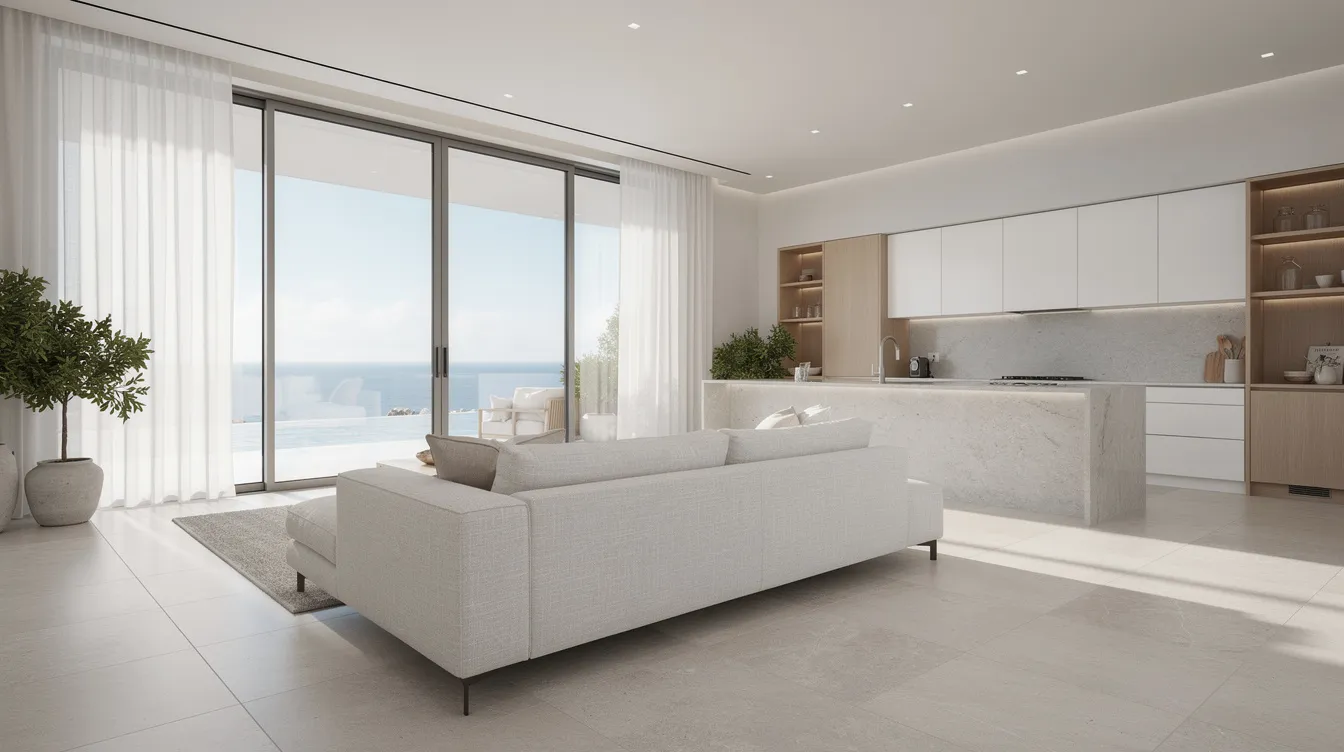 The image depicts a luxurious open-plan home featuring large format porcelain flooring that enhances the modern coastal interiors, filled with natural light. The space combines durability and style, showcasing the versatile use of porcelain tile in high traffic areas while maintaining an inviting atmosphere.