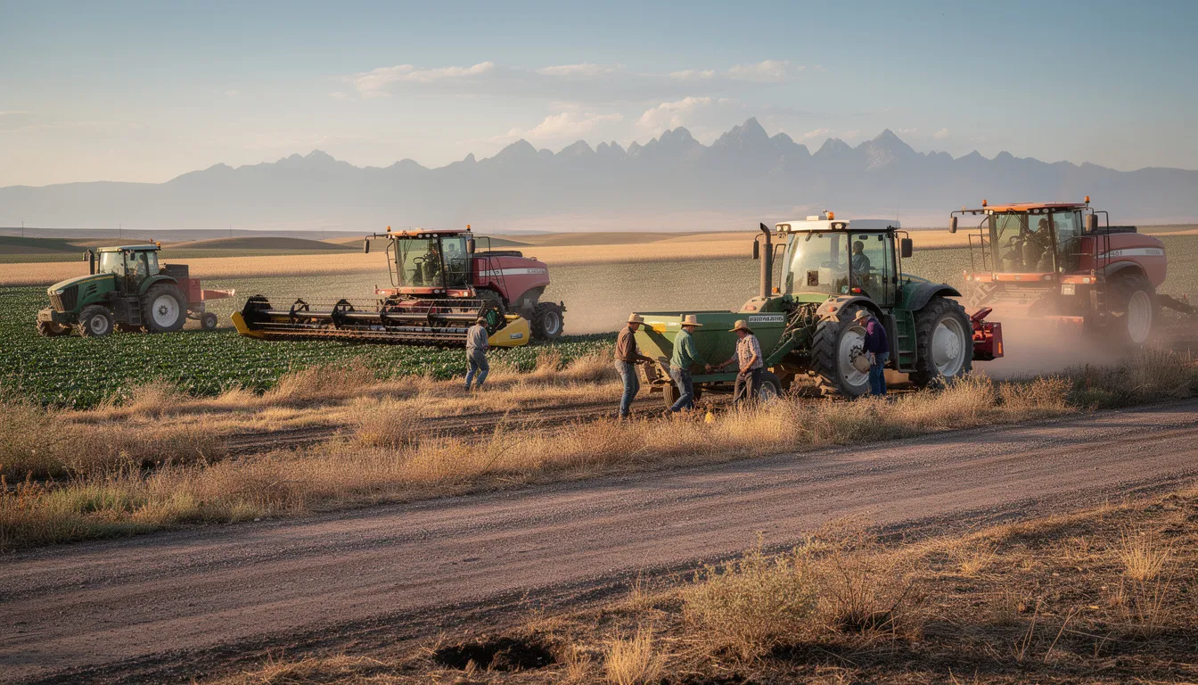A group of agricultural workers operates large farm machinery in a rural Colorado setting, showcasing the hard work and dedication of employees in the agricultural sector. This image highlights the importance of workplace safety and the potential for job injuries, emphasizing the need for workers compensation and legal support for injured workers.