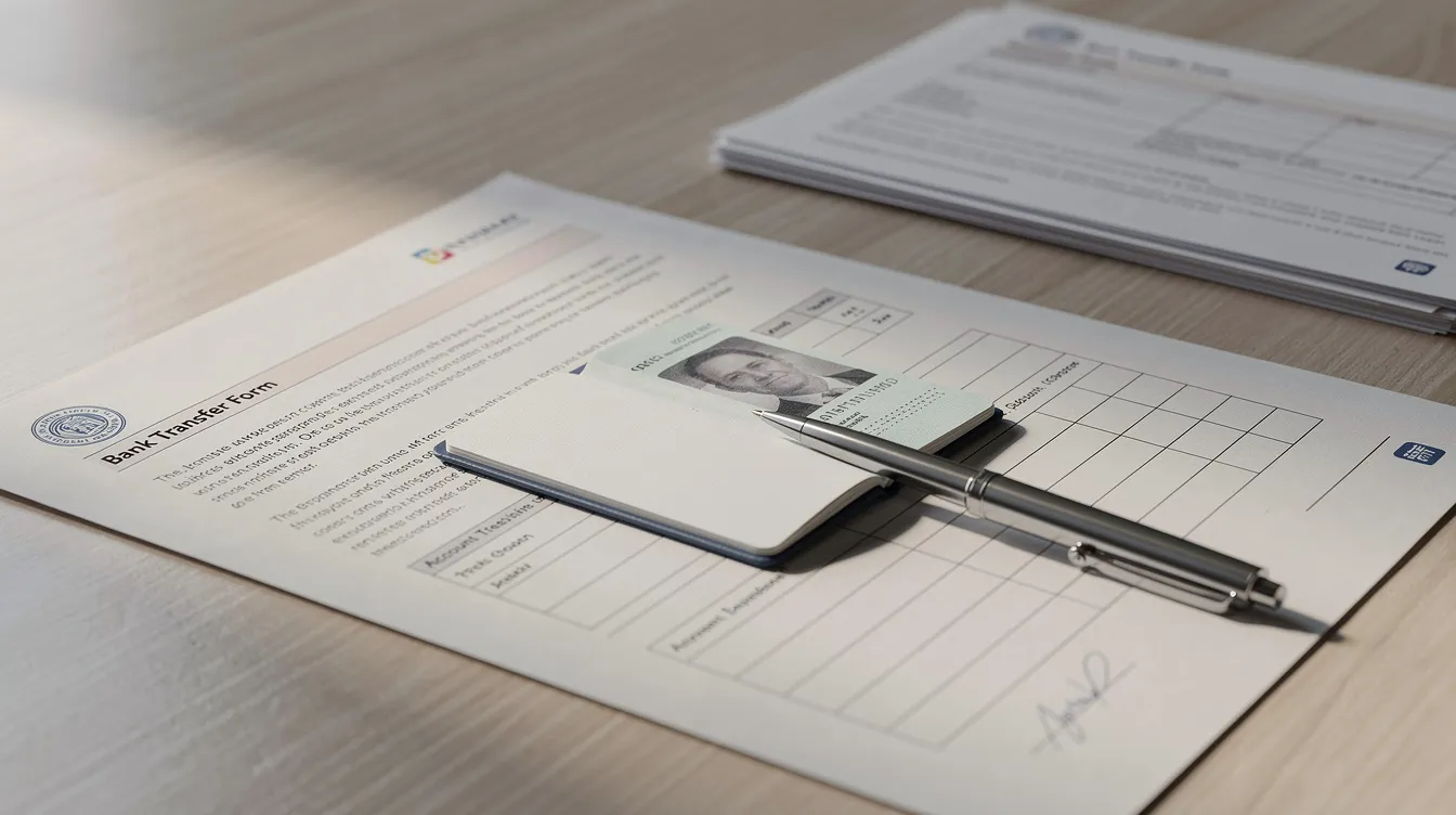 The image shows official documents, a passport, and a pen neatly arranged on a desk, indicating preparation for an international money transfer process. This setup suggests the sender is ready to provide necessary details for a secure transaction through financial institutions, such as Sindh Bank, for sending funds worldwide.