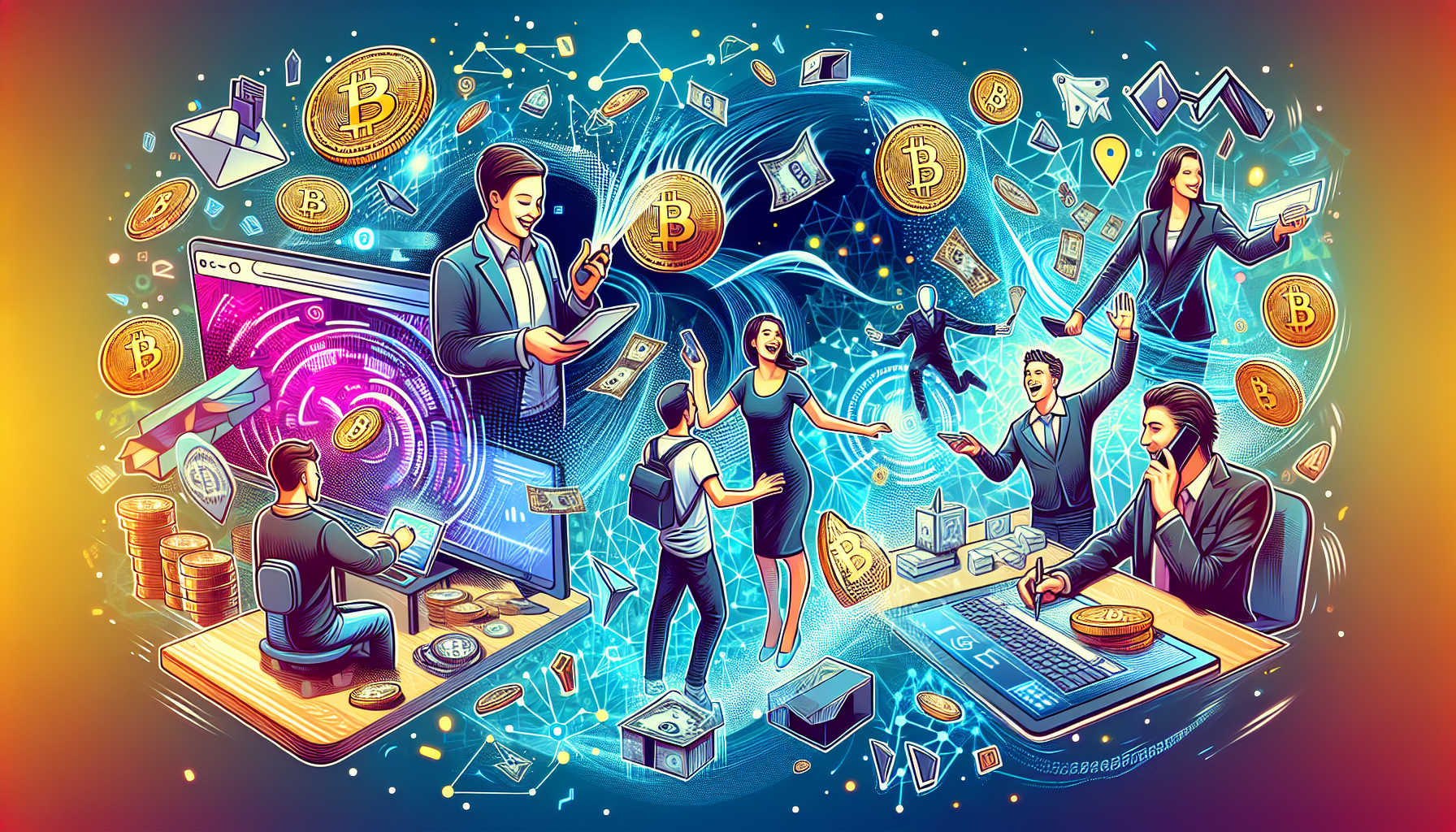 An illustration depicting various real-world applications of cryptocurrency, including online payments and smart contracts.