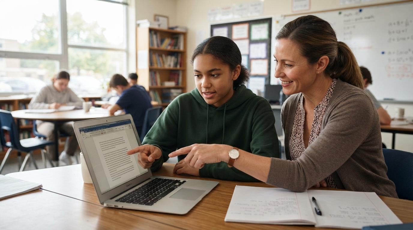 Photorealistic student revising an essay on a laptop while a teacher provides one-on-one guidance in a bright classroom, emphasizing learning and feedback.