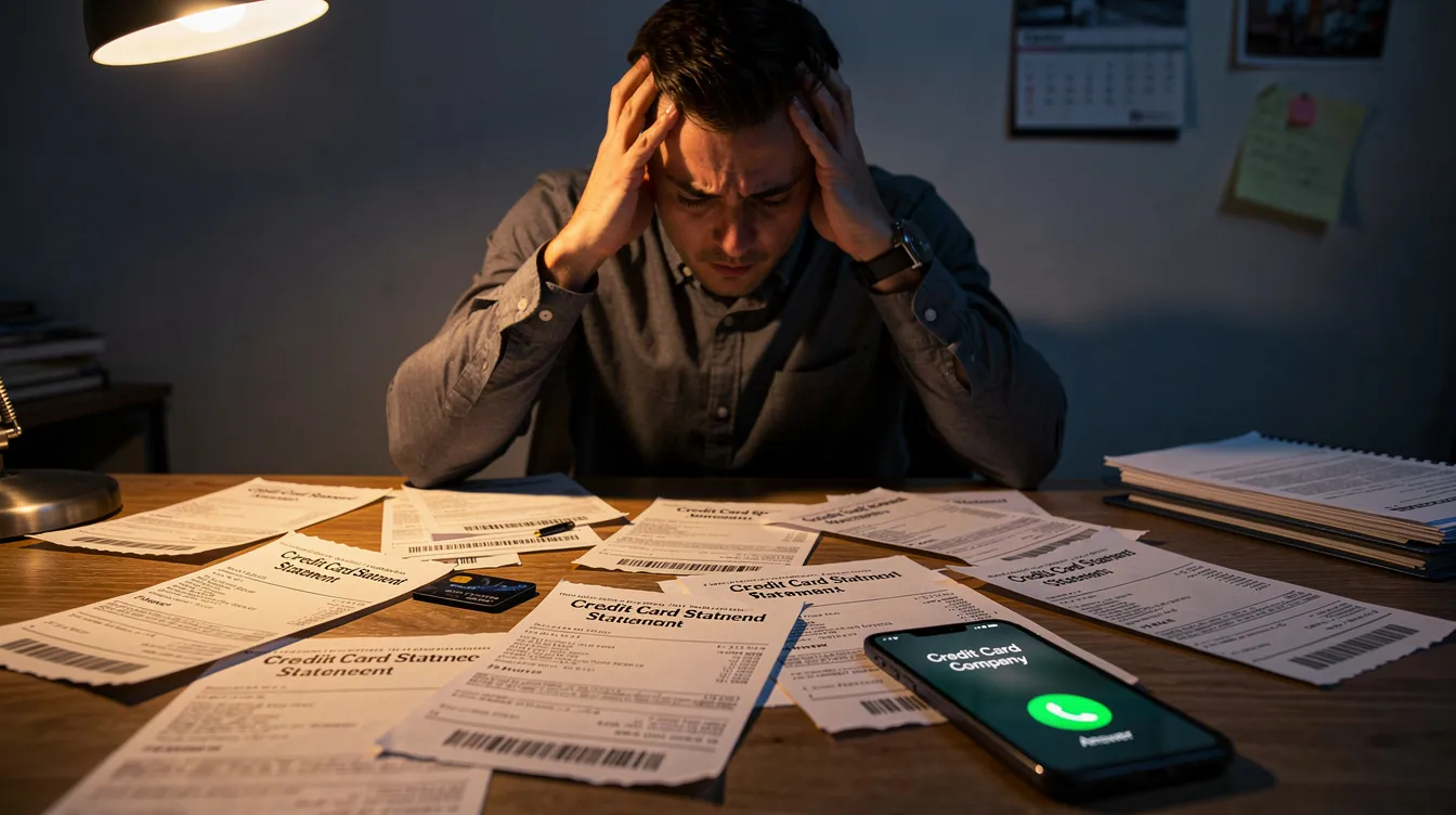 The image depicts a stressed individual sitting at a cluttered desk, overwhelmed by multiple credit card bills and a ringing phone, highlighting the challenges of managing debt and financial obligations. This scene reflects the pressure of maintaining one's financial situation amidst numerous outstanding debts and payment deadlines.