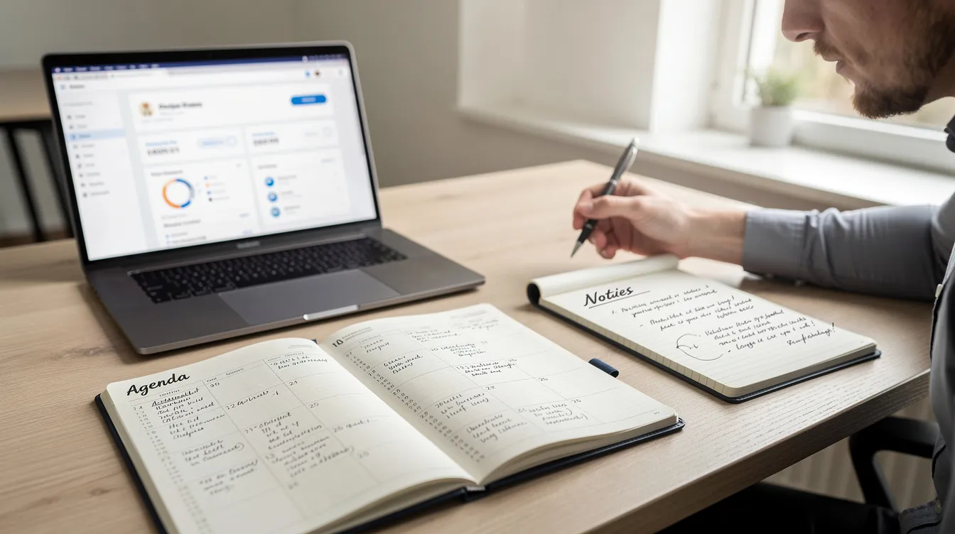 Een ondernemer zit aan een bureau met een agenda, laptop en notitieboek, terwijl hij zijn dagelijkse taken plant en prioriteiten stelt. De ruimte is overzichtelijk ingericht, wat helpt bij een effectieve planning en het tijdig uitvoeren van belangrijke taken.