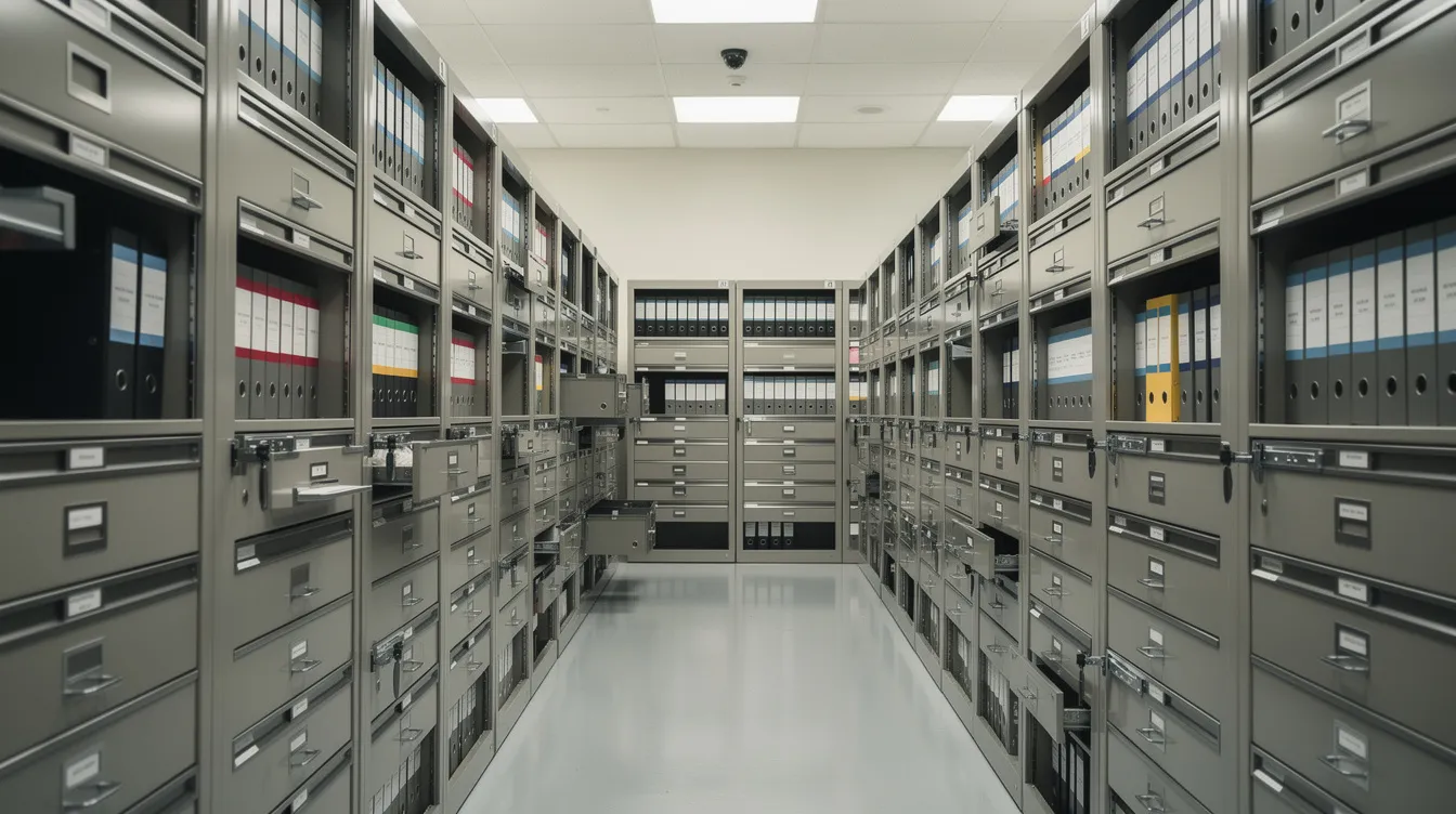 The image shows a secure records room with organized file storage cabinets, neatly arranged to hold various call detail records (CDRs) and management records. This setup is essential for efficient cdr analysis and reporting, ensuring easy access to diagnostic records and call management data.