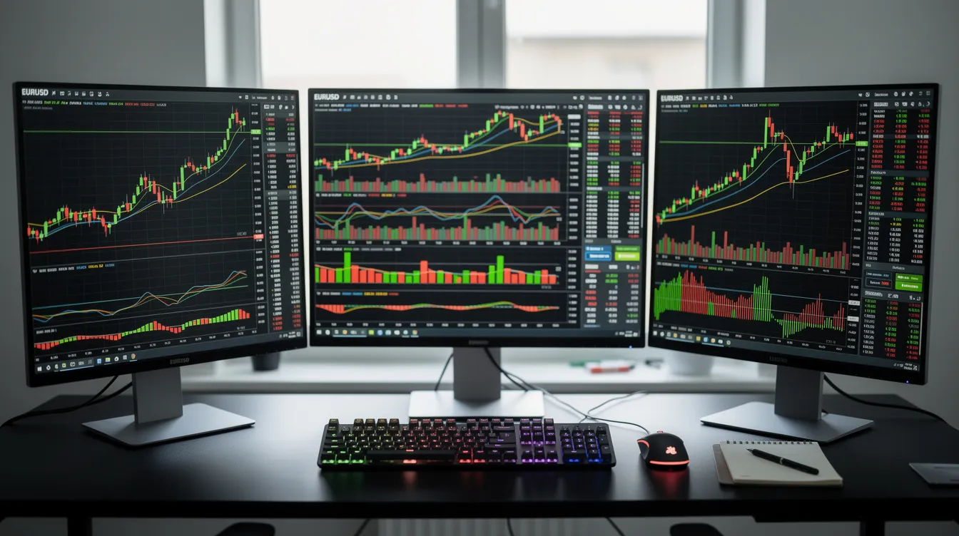 The image depicts a trading workstation filled with multiple timeframe charts displaying the market price of a financial instrument, allowing experienced traders to analyze rsi signals and identify overbought and oversold conditions. This setup supports various trading strategies, such as swing trading and day trading, facilitating quick exits and informed decision-making based on price action and market bias.