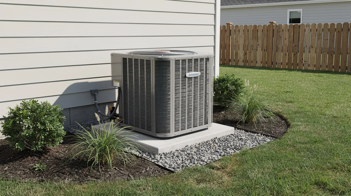 The image shows a residential backyard featuring a well-landscaped area around an outdoor HVAC unit, ensuring proper clearance for access and installation. The unit is positioned with attention to reliability and maintenance, surrounded by vibrant plants that enhance the home's aesthetic.