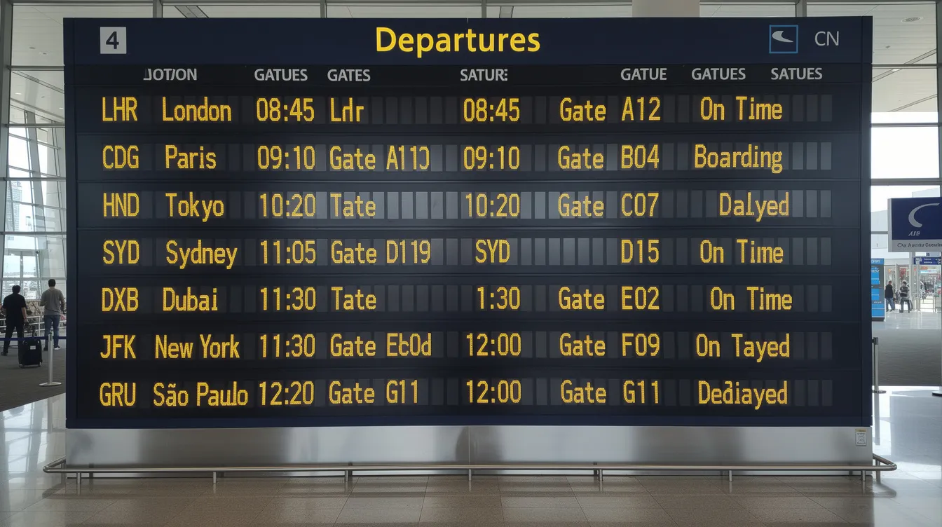 The image depicts an airport departures board displaying a variety of international flight destinations, highlighting the global connectivity of travelers. This scene is essential for those planning to travel abroad, including Spanish citizens needing to renew their passports or visit the nearest Spanish consulate for assistance.