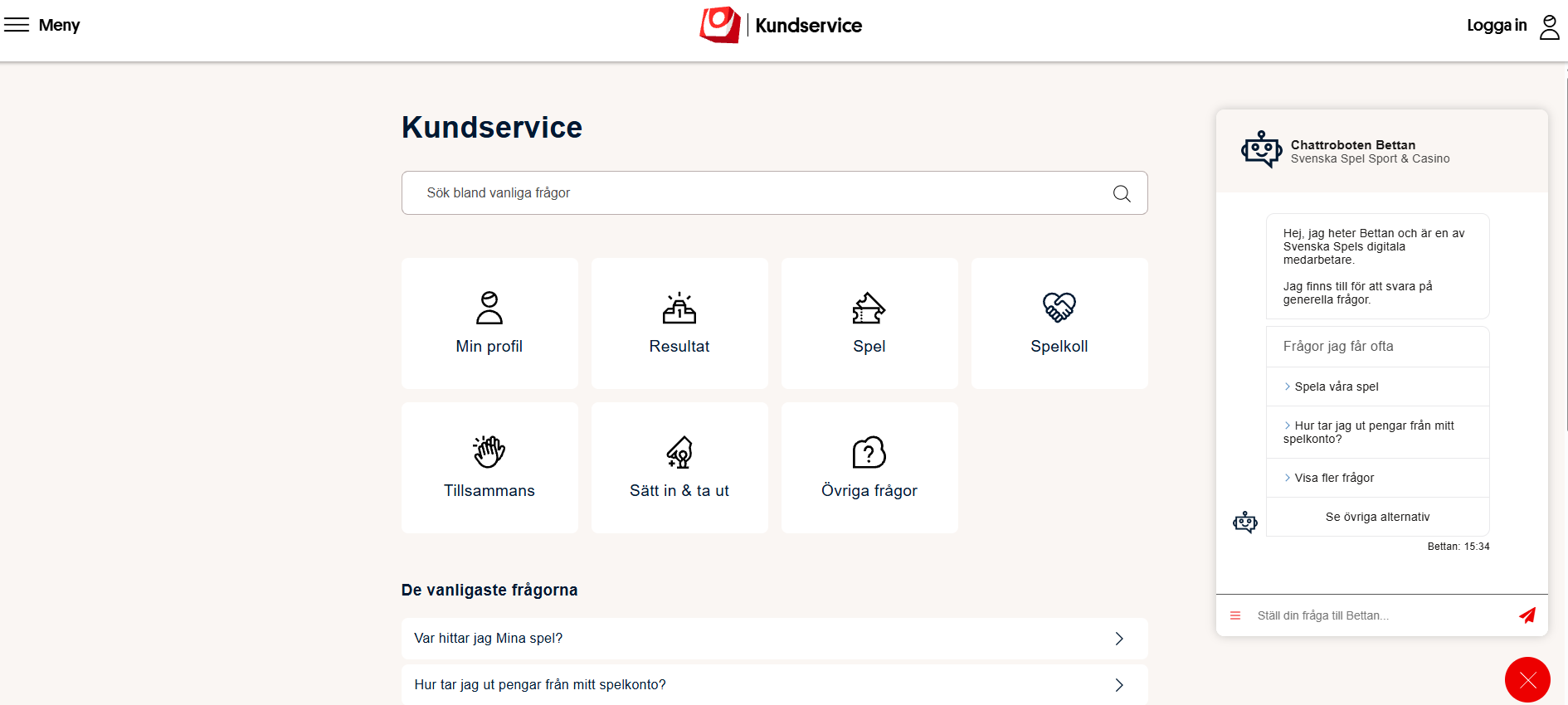 Svenska Spels kundservicesida med sökfunktion, vanliga frågor och chattbotten Bettan.