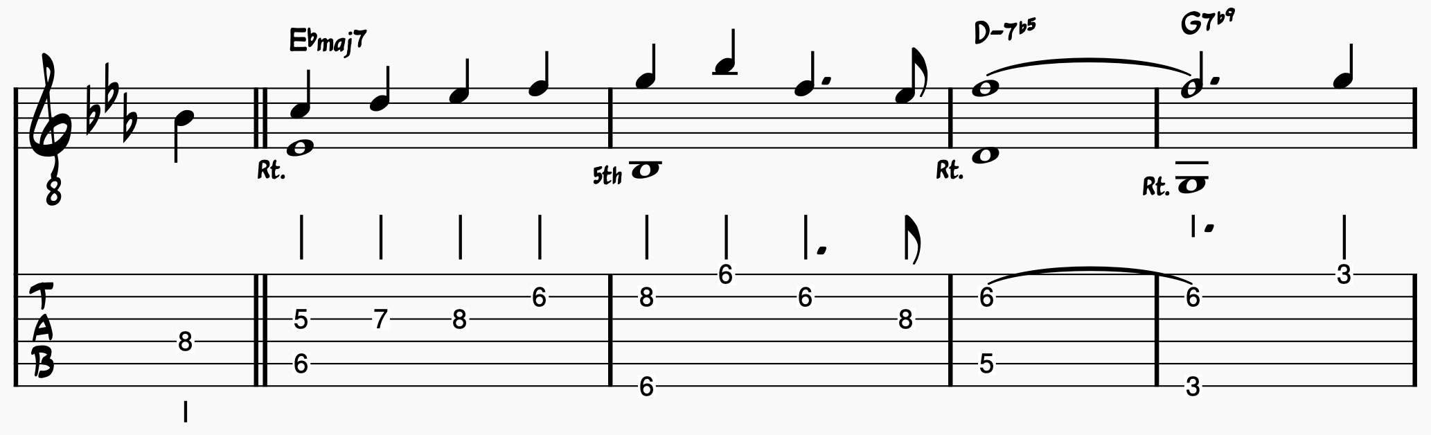 Chord Melody Guitar: There Will Never Be Another You Melody and Bass Notes version 2; bars 1-4