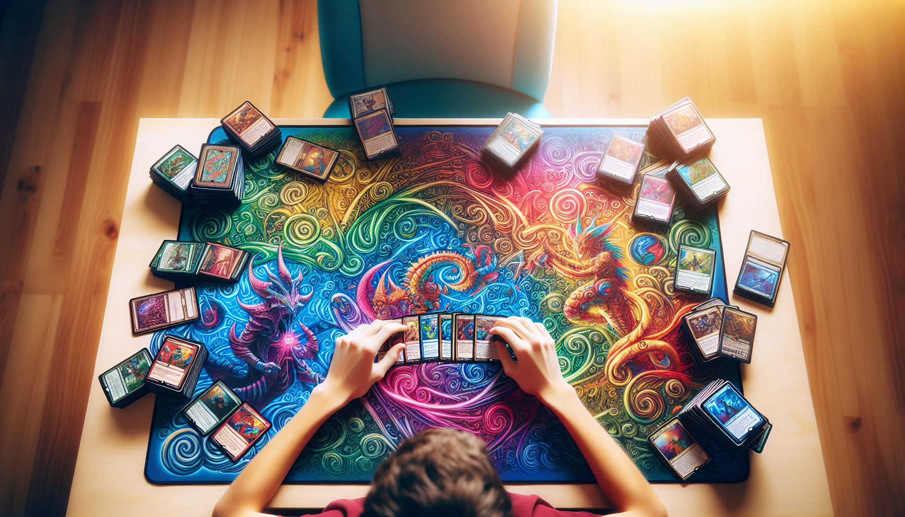 Protecting cards with a playmat during a game of Magic: The Gathering.