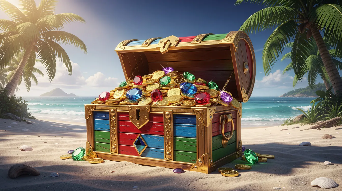 Eine offene, bunte Schatztruhe steht auf einer tropischen Insel und ist gefüllt mit funkelnden goldenen Münzen und Edelsteinen, die im Sonnenlicht strahlen. Dieses Bild erinnert an die Abenteuer in Filmen wie "Indiana Jones" und könnte als ein faszinierendes Plot Device in einer spannenden Filmhandlung dienen.