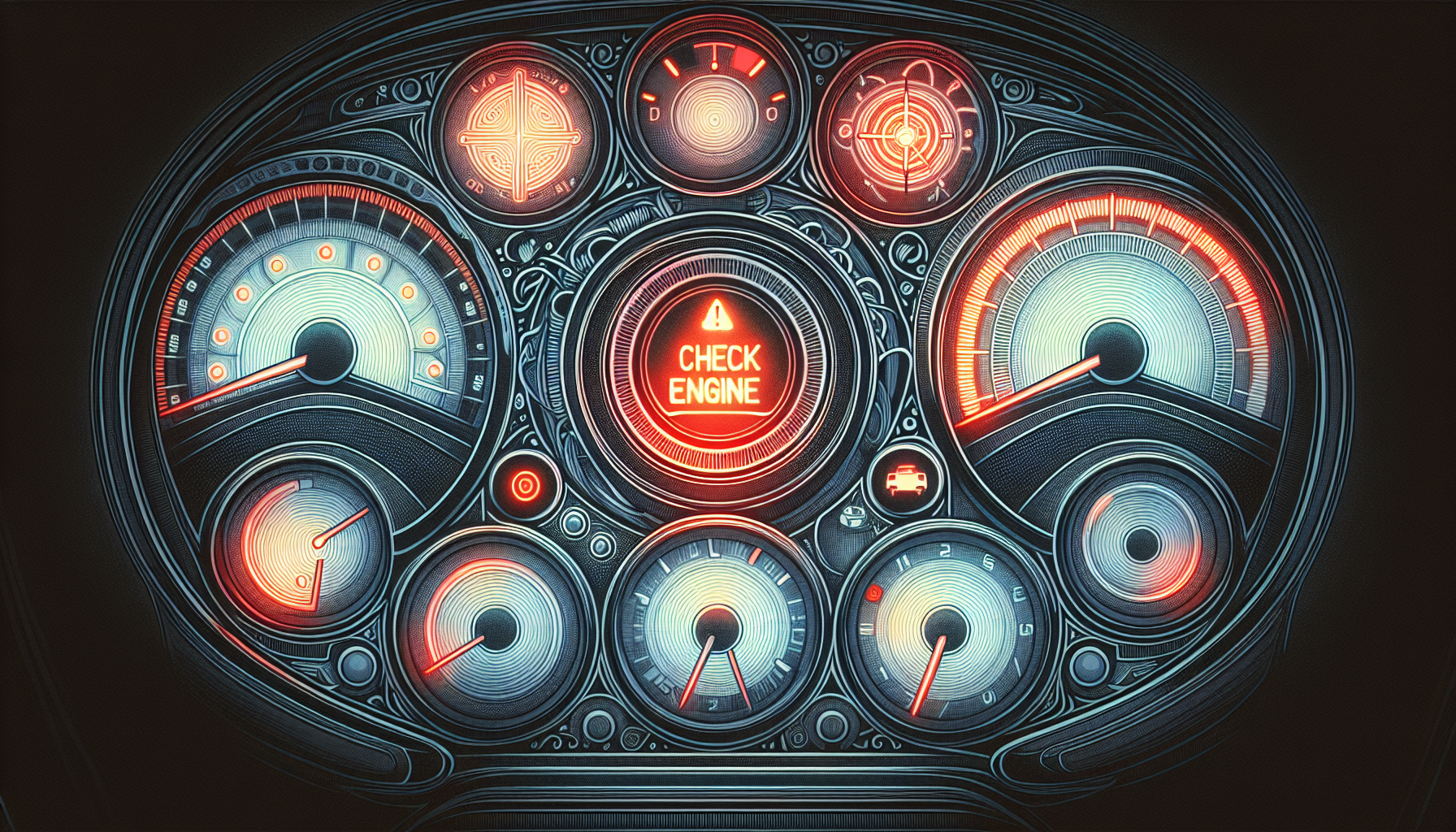 Illustration of a car dashboard with the check engine light illuminated