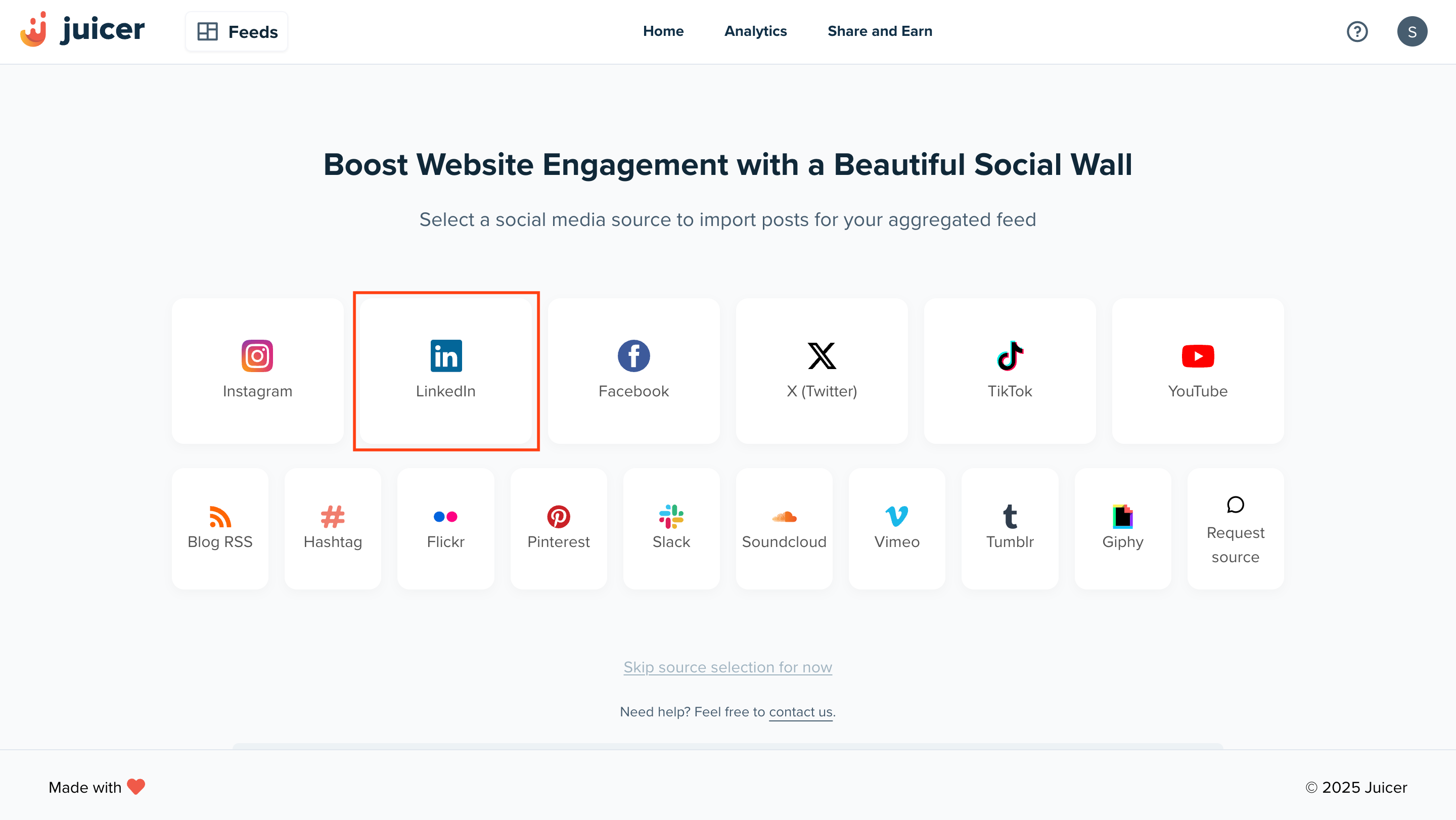Step 1 of embedding a LinkedIn feed on website using Juicer.io
