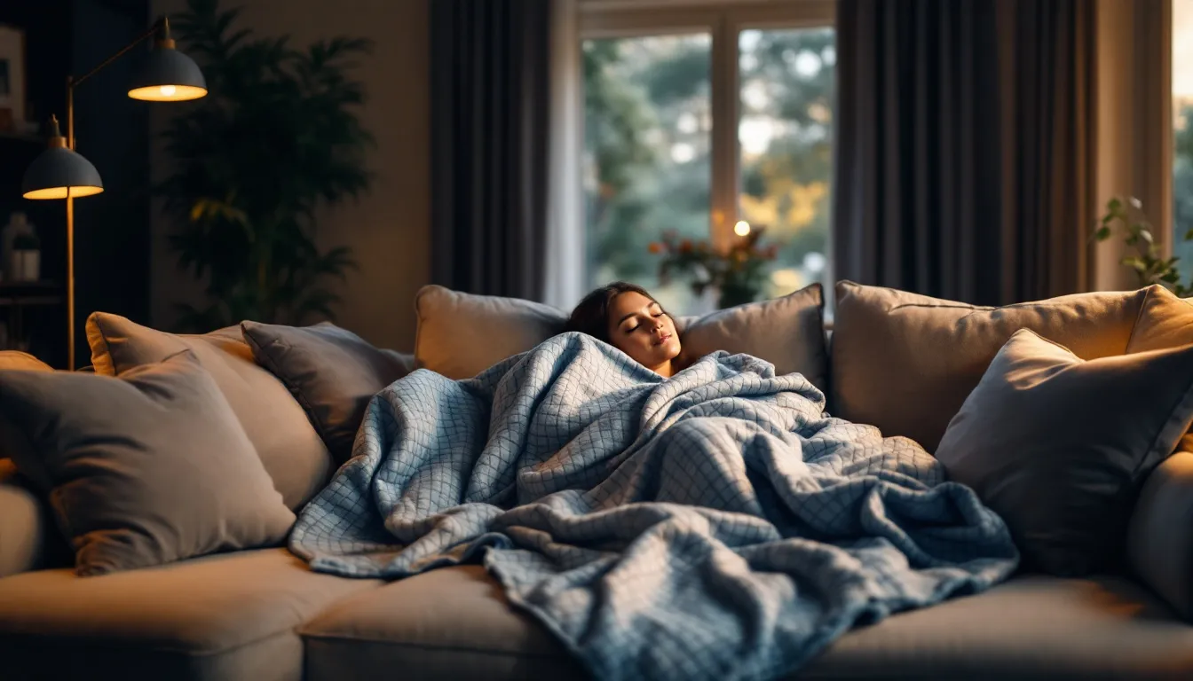 A person relaxing under a cooling weighted blanket, illustrating its benefits.