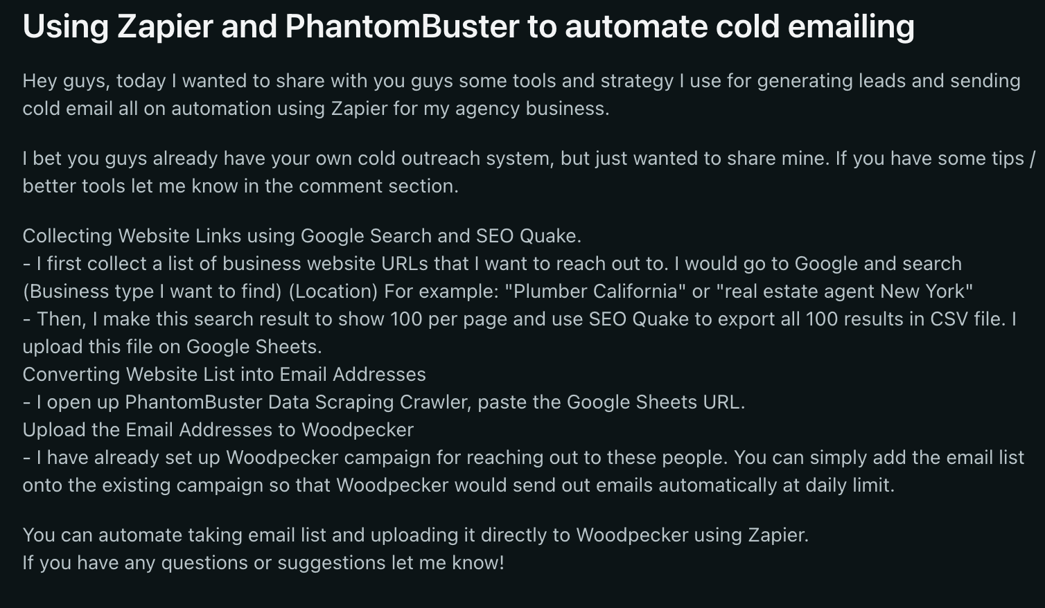 Explanation of how to use Zapier and PhantomBuster to automate cold emailing