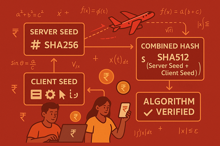 Technical diagram showing SHA256 server seed, client seed combination process in Aviator game for Indian market