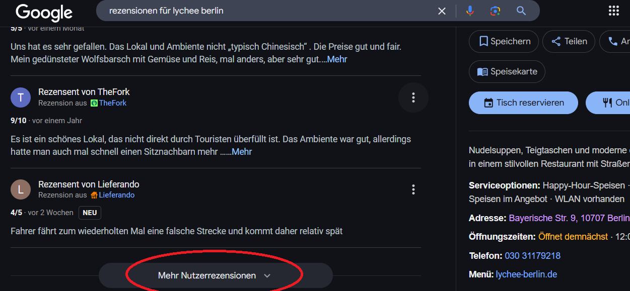 Ihre eigene Rezension sollte an erster Stelle erscheinen – allerdings nur, wenn Sie auch mit dem entsprechenden Profil angemeldet sind. Über den Button „Mehr Nutzerrezensionen“ können Sie alle Bewertungen aufrufen.