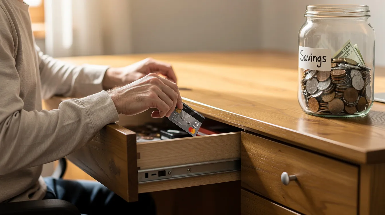 The image shows a person placing a credit card into a drawer next to a savings jar, symbolizing financial management and budgeting. This scene reflects the importance of maintaining a good credit score and managing loans responsibly.