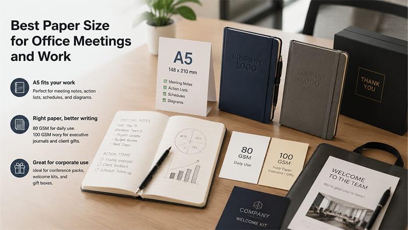 A5 notebook size for office meetings and corporate stationery with meeting notes, gift boxes, and paper weight examples