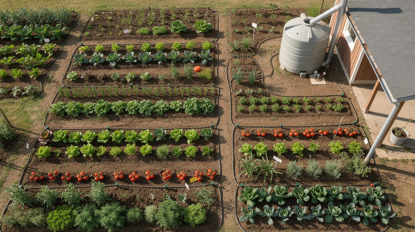 Une vue aérienne d'un jardin potager montre un système d'arrosage efficace, relié à un récupérateur d'eau de pluie. Le jardin est soigneusement organisé, avec des plantes en pleine croissance bénéficiant de l'eau de pluie récupérée pour leur irrigation.