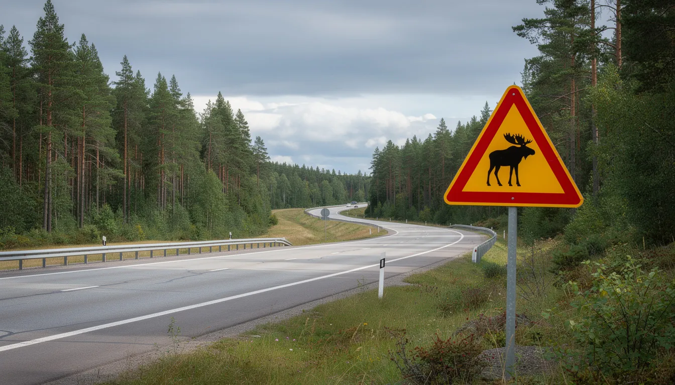 Une route suédoise traverse un paysage forestier, avec un panneau d'avertissement indiquant la présence d'élans. Ce décor naturel évoque l'aventure en voiture en Suède, idéale pour les conducteurs cherchant à explorer les magnifiques forêts du pays.