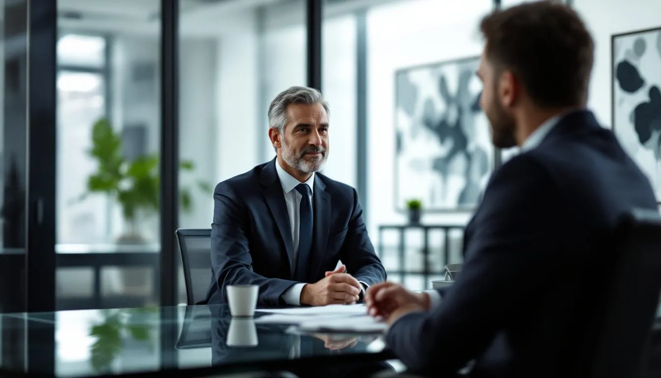 A friendly consultation between a bankruptcy lawyer and a client seeking debt relief.