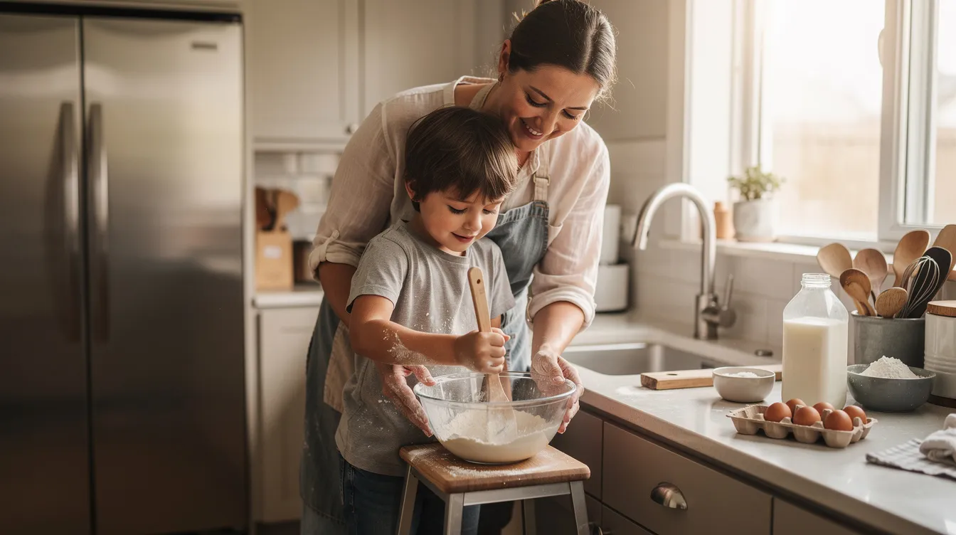 A parent and child are standing together in a cozy kitchen, with the child joyfully stirring a bowl while the parent watches with a smile, creating positive memories during the holiday season. This moment emphasizes the importance of spending time with loved ones and fostering critical thinking skills through enjoyable activities like cooking.