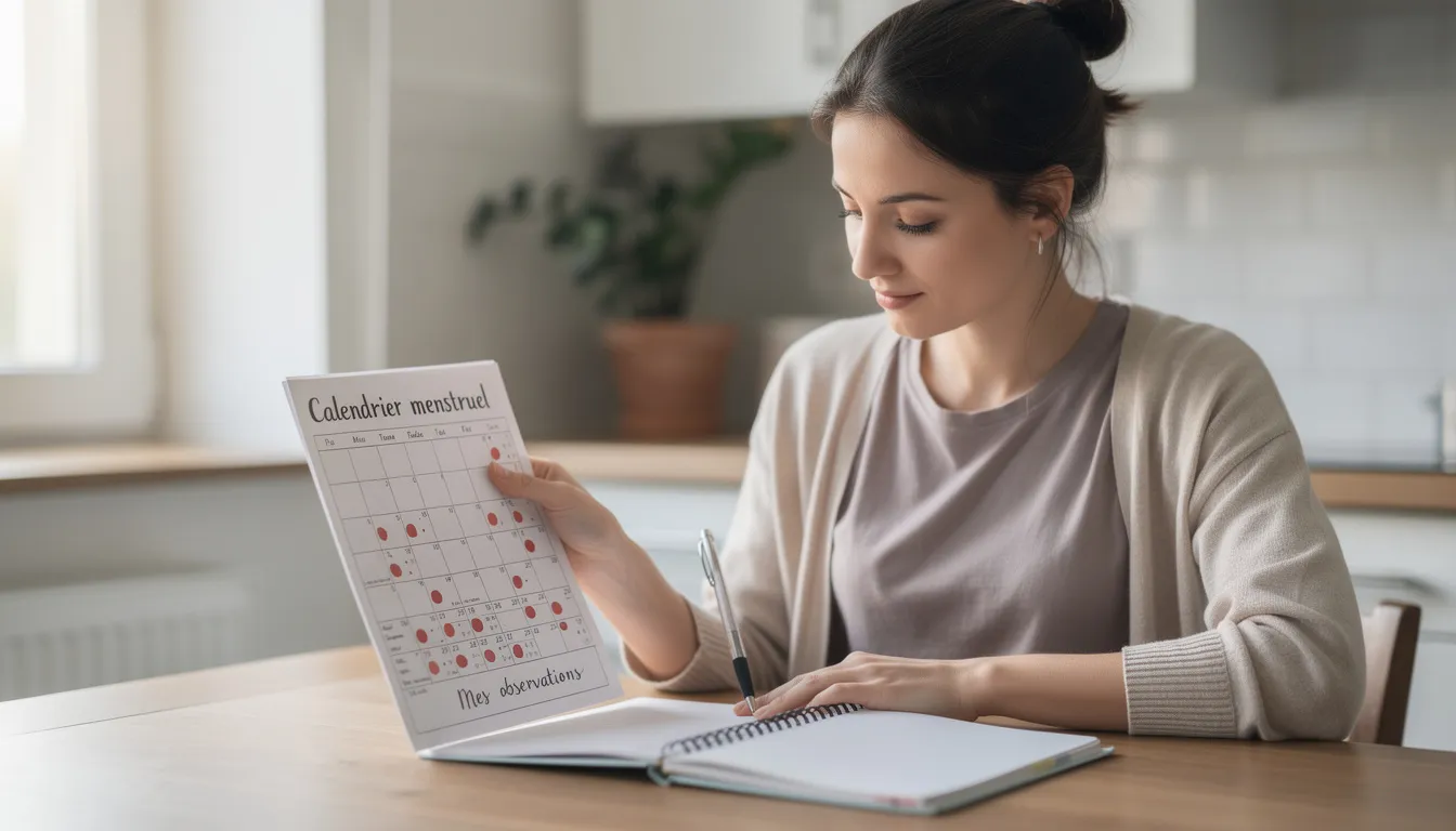 Une femme tient un calendrier menstruel, notant ses observations sur son cycle menstruel et ses règles. Elle semble attentive à ses flux et à l'impact de ses menstruations sur sa vie quotidienne.