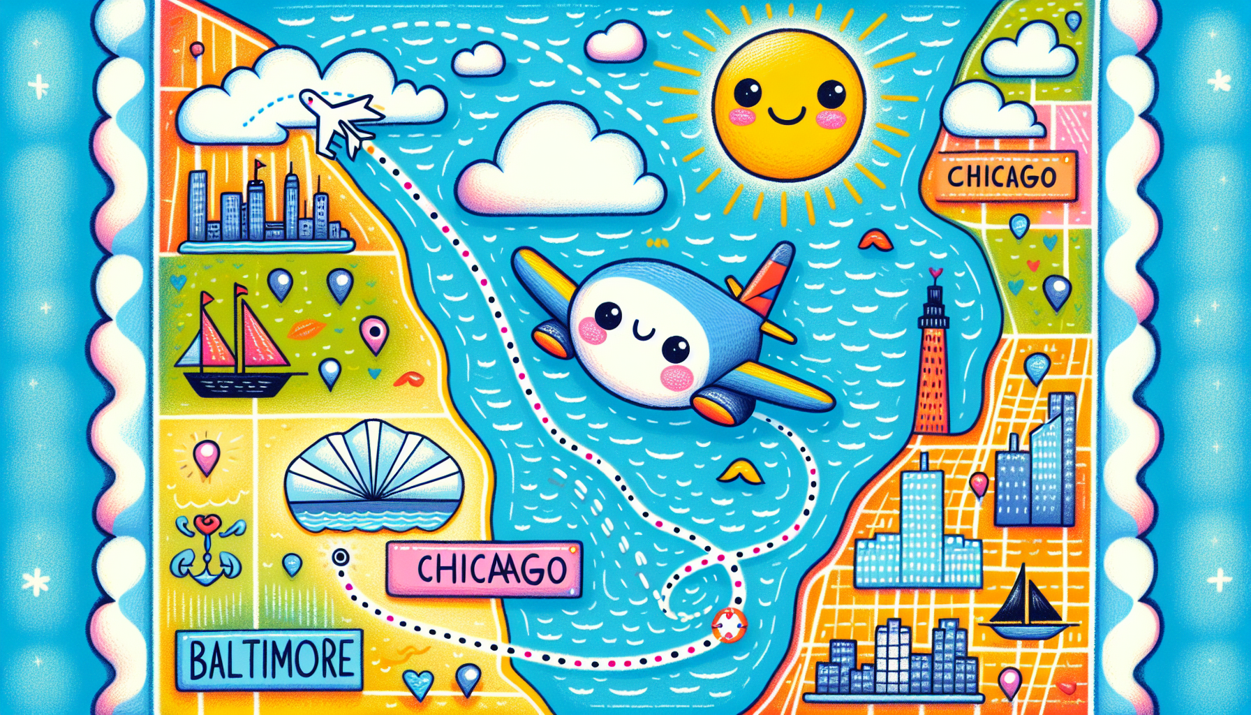 A cartoon representation of direct flights from Baltimore to Chicago.