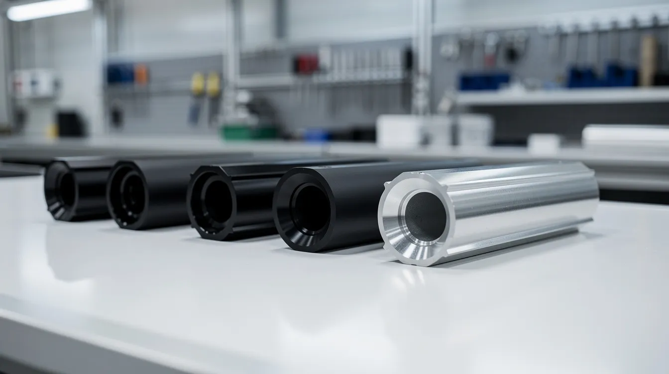 The image depicts finished anodized aluminum components in sleek black and silver hues, arranged neatly on a clean inspection table within a manufacturing facility. These aluminum alloy parts showcase a protective oxide layer, highlighting their corrosion resistance and the effectiveness of the anodizing process.