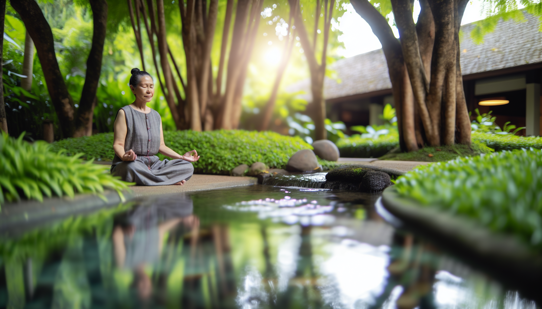 A person meditating in a peaceful environment, representing stress management and self-care